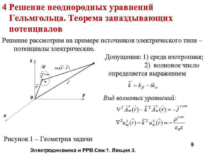 4 Решение неоднородных уравнений Гельмгольца. Теорема запаздывающих потенциалов Решение рассмотрим на примере источников электрического