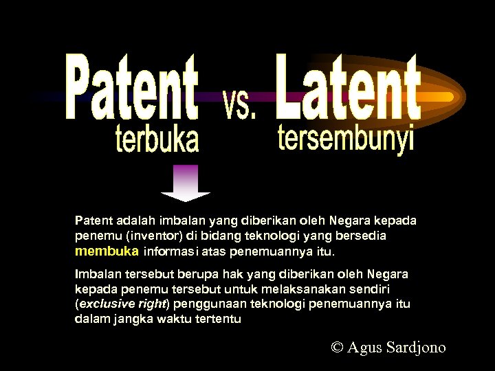 Patent adalah imbalan yang diberikan oleh Negara kepada penemu (inventor) di bidang teknologi yang