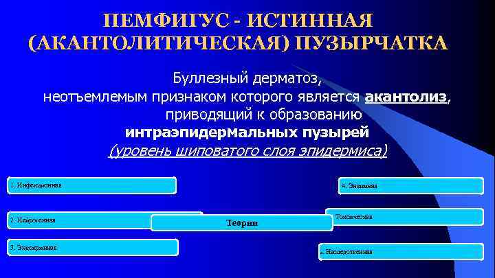 ПЕМФИГУС - ИСТИННАЯ (АКАНТОЛИТИЧЕСКАЯ) ПУЗЫРЧАТКА Буллезный дерматоз, неотъемлемым признаком которого является акантолиз, приводящий к