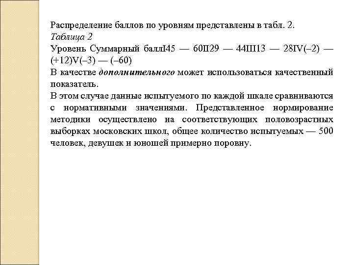 Распределение баллов по уровням представлены в табл. 2. Таблица 2 Уровень Суммарный балл. I