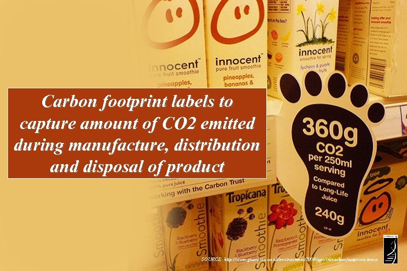 Carbon footprint labels to capture amount of CO 2 emitted during manufacture, distribution and