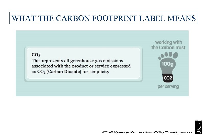 WHAT THE CARBON FOOTPRINT LABEL MEANS SOURCE: http: //www. guardian. co. uk/environment/2008/apr/16/carbonfootprints. tesco 