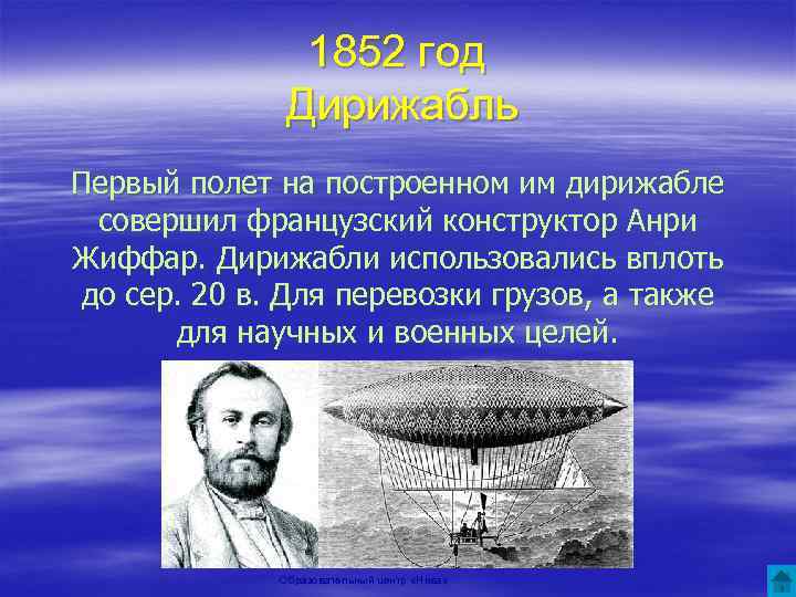 1852 год Дирижабль Первый полет на построенном им дирижабле совершил французский конструктор Анри Жиффар.