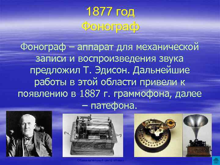 1877 год Фонограф – аппарат для механической записи и воспроизведения звука предложил Т. Эдисон.