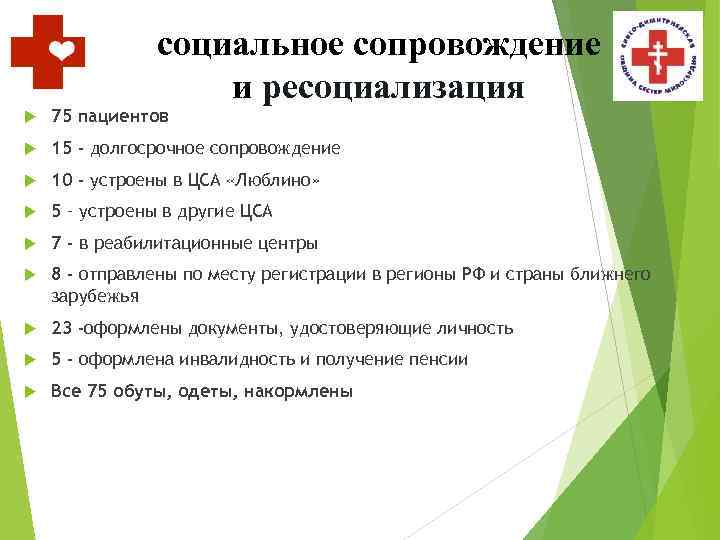 cоциальное сопровождение и ресоциализация 75 пациентов 15 - долгосрочное сопровождение 10 - устроены в