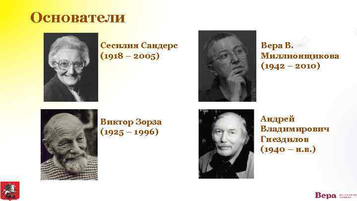 Основатели Сесилия Сандерс (1918 – 2005) Вера В. Миллионщикова (1942 – 2010) Виктор Зорза