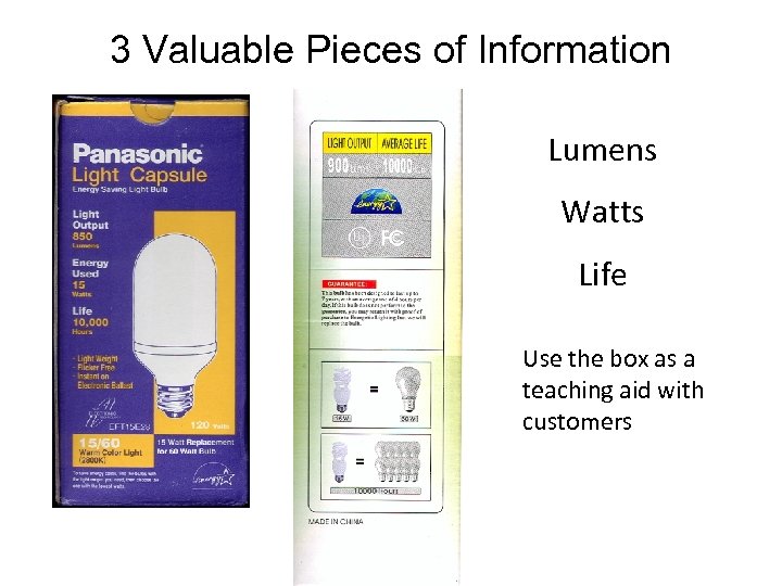 3 Valuable Pieces of Information Lumens Watts Life Use the box as a teaching