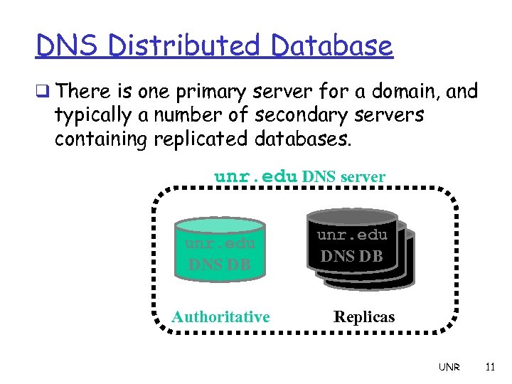 DNS Distributed Database q There is one primary server for a domain, and typically