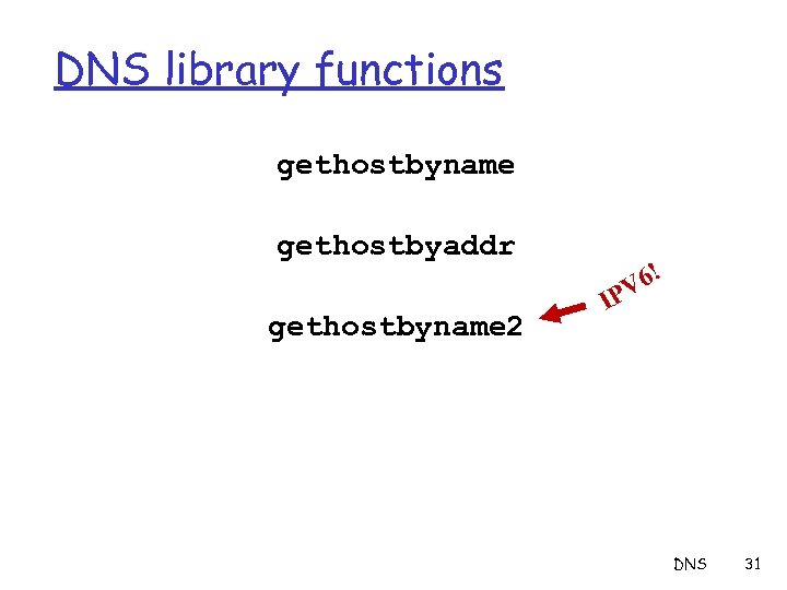 DNS library functions gethostbyname gethostbyaddr gethostbyname 2 6! V IP DNS 31 
