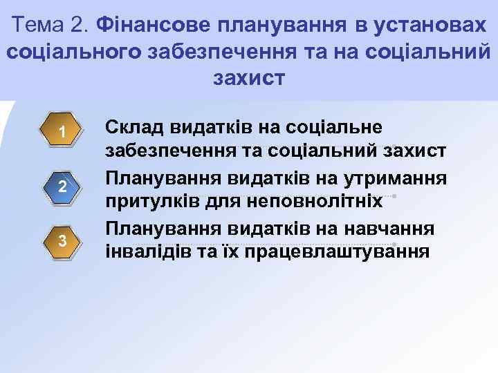 Тема 2. Фінансове планування в установах соціального забезпечення та на соціальний захист 1 2