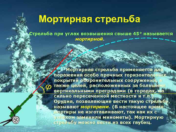 Мортирная стрельба Стрельба при углах возвышения свыше 45° называется мортирной. φ ) Мортирная стрельба