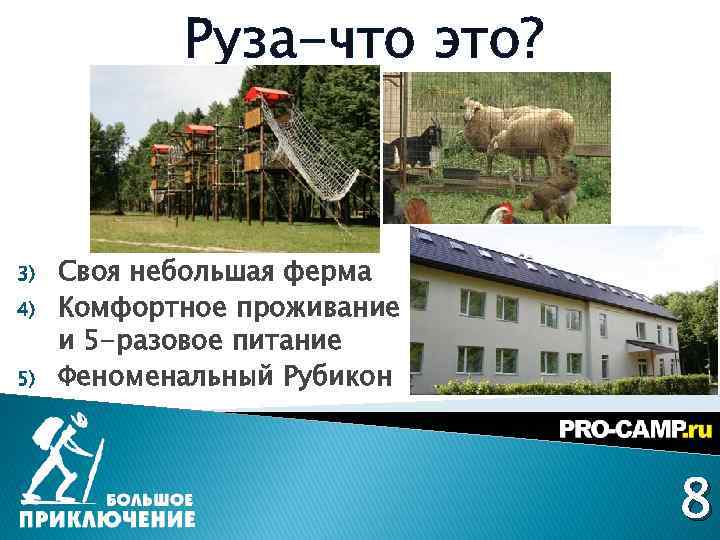 Руза-что это? 3) 4) 5) Своя небольшая ферма Комфортное проживание и 5 -разовое питание