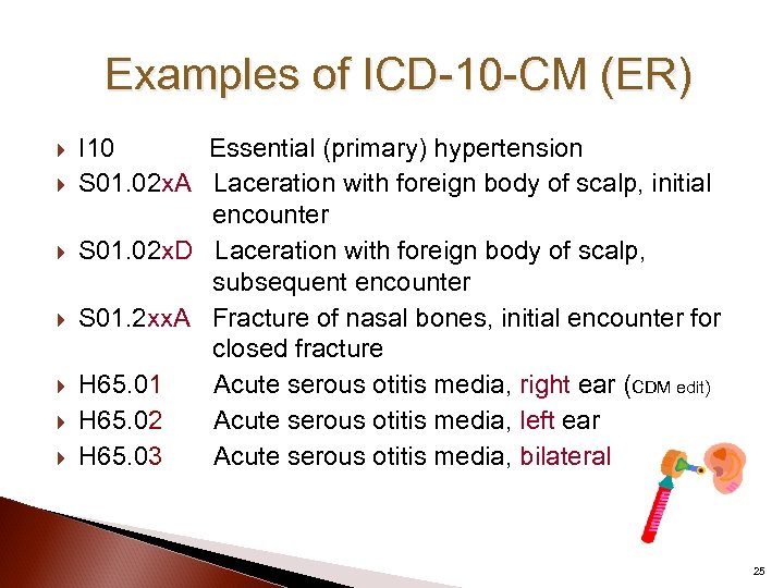 Examples of ICD-10 -CM (ER) I 10 Essential (primary) hypertension S 01. 02 x.