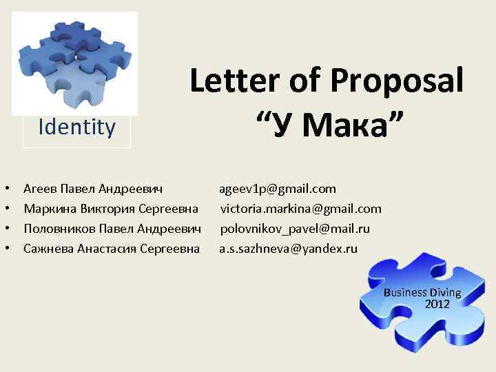 Identity • • Letter of Proposal “У Мака” Агеев Павел Андреевич Маркина Виктория Сергеевна