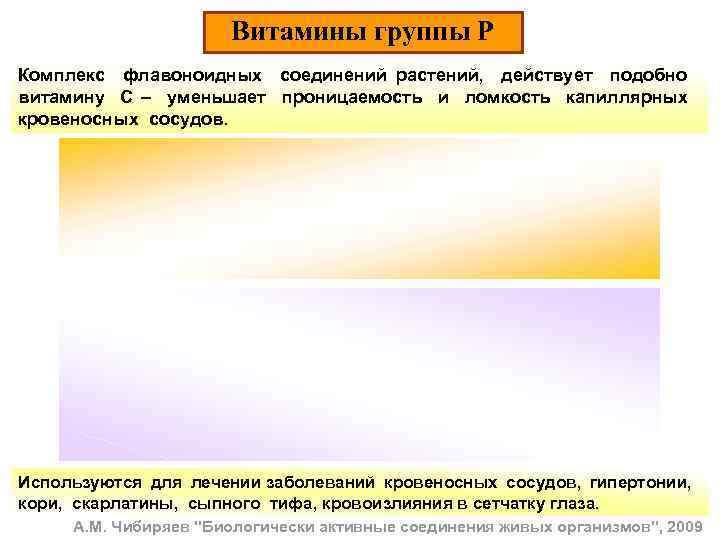 Витамины группы Р Комплекс флавоноидных соединений растений, действует подобно витамину С – уменьшает проницаемость