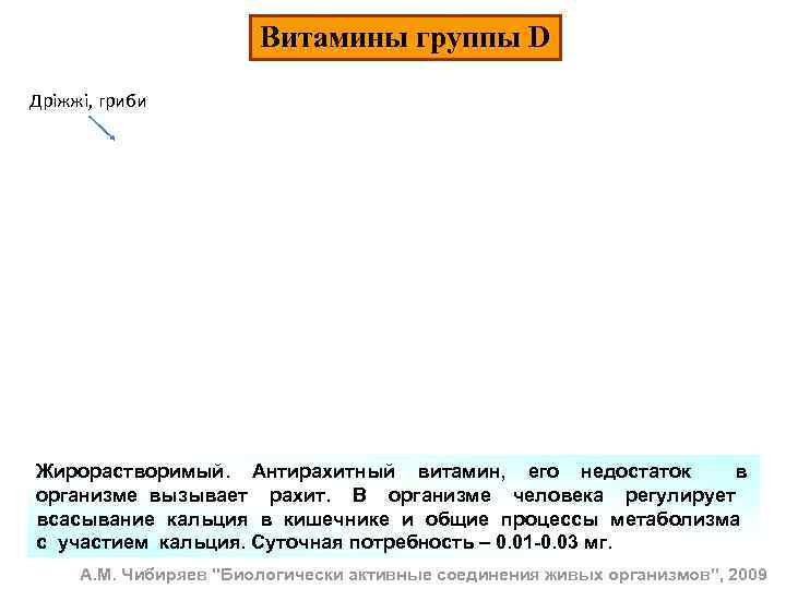 Витамины группы D Дріжжі, гриби Жирорастворимый. Антирахитный витамин, его недостаток в организме вызывает рахит.