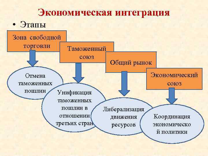 Экономическая интеграция • Этапы Зона свободной торговли Таможенный союз Отмена таможенных пошлин Унификация таможенных