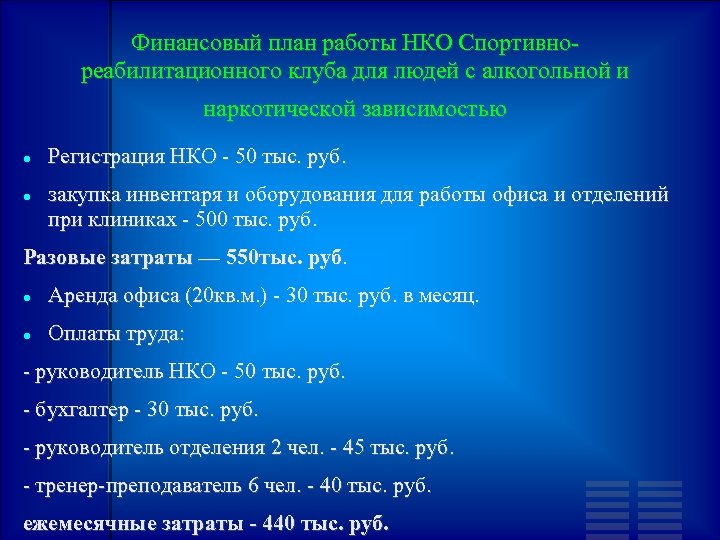 Финансовый план работы НКО Спортивнореабилитационного клуба для людей с алкогольной и наркотической зависимостью Регистрация
