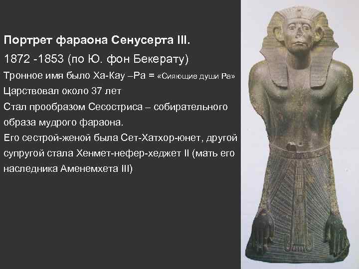 Портрет фараона Сенусерта III. 1872 -1853 (по Ю. фон Бекерату) Тронное имя было Ха-Кау