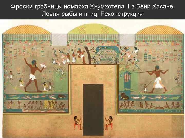 Фрески гробницы номарха Хнумхотепа II в Бени Хасане. Ловля рыбы и птиц. Реконструкция 