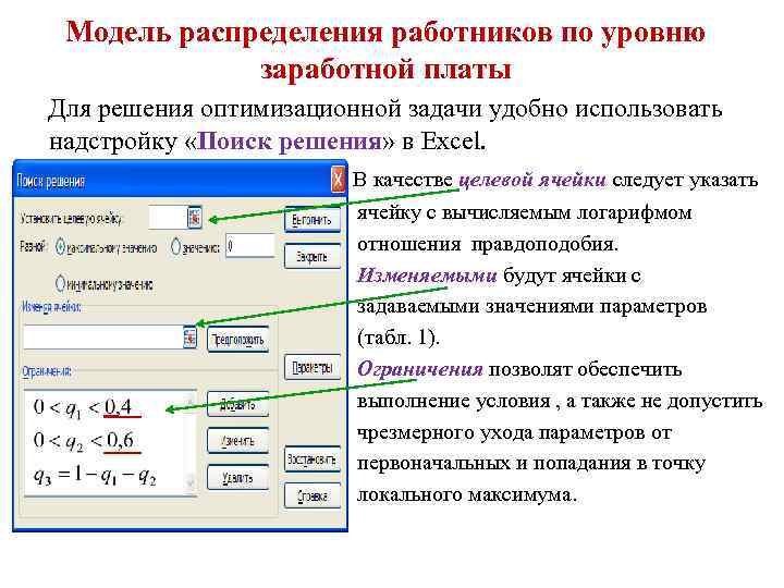 Модель распределения работников по уровню заработной платы Для решения оптимизационной задачи удобно использовать надстройку