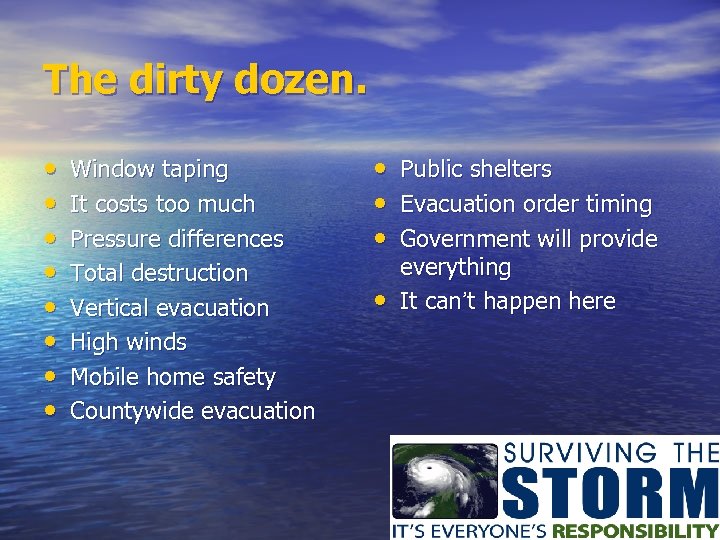 The dirty dozen. • • Window taping It costs too much Pressure differences Total