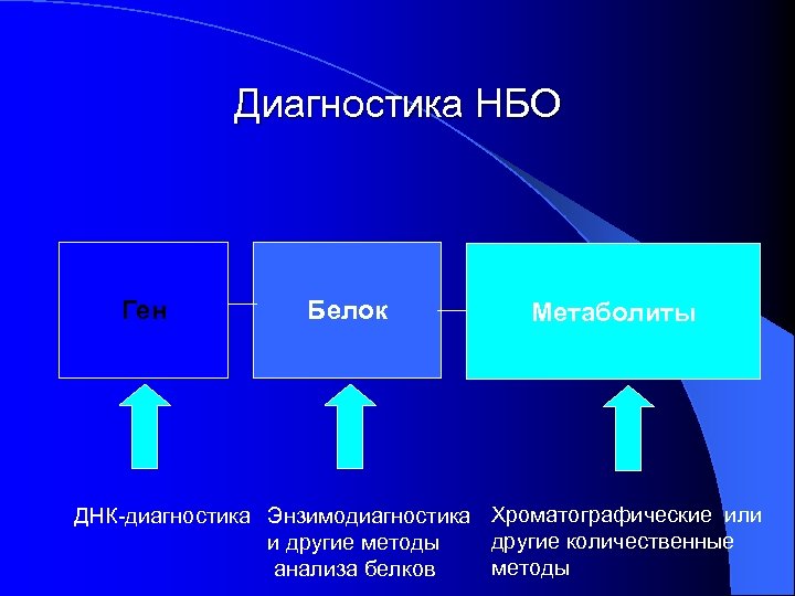 Диагностика НБО Ген Белок Метаболиты ДНК-диагностика Энзимодиагностика Хроматографические или другие количественные и другие методы