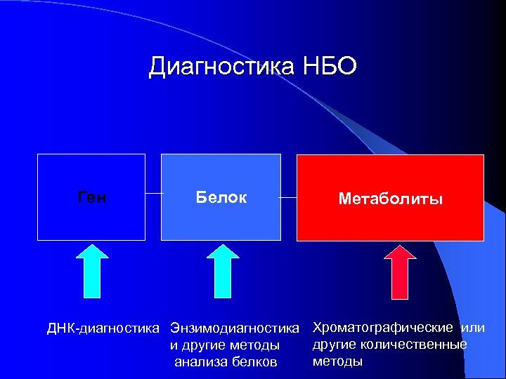 Диагностика НБО Ген Белок Метаболиты ДНК-диагностика Энзимодиагностика Хроматографические или другие количественные и другие методы