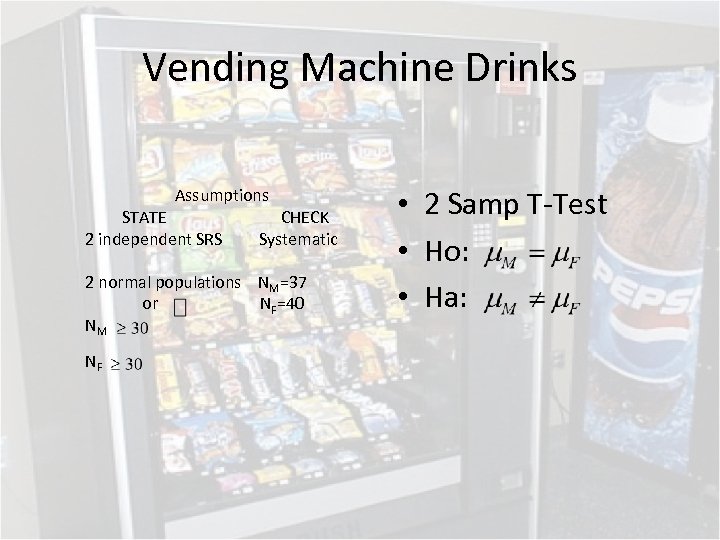 Vending Machine Drinks Assumptions STATE 2 independent SRS CHECK Systematic 2 normal populations NM=37