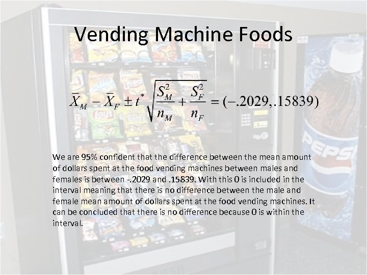 Vending Machine Foods We are 95% confident that the difference between the mean amount