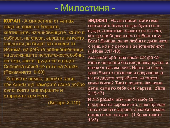  Mилостиня КОРАН А милостина от Аллах пада се само на бедните, клетниците, на