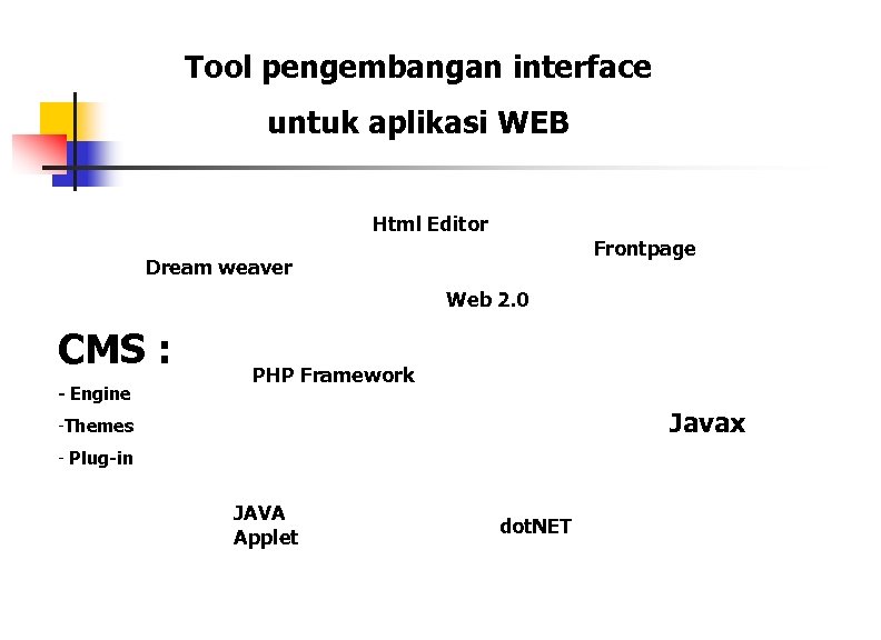 Tool pengembangan interface untuk aplikasi WEB Html Editor Frontpage Dream weaver Web 2. 0