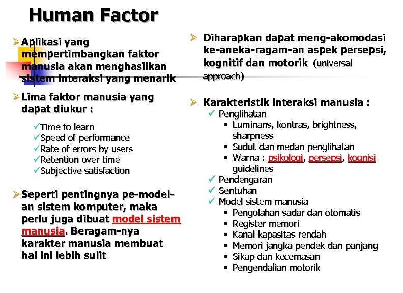 Human Factor Ø Aplikasi yang mempertimbangkan faktor manusia akan menghasilkan sistem interaksi yang menarik