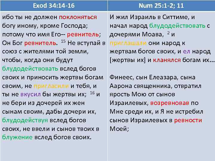 Exod 34: 14 -16 Num 25: 1 -2; 11 богу иному, кроме Господа; потому
