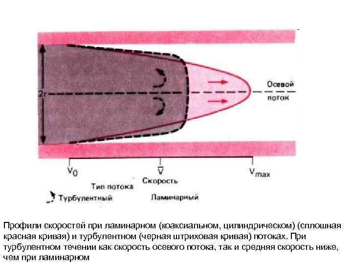 Профили скоростей при ламинарном (коаксиальном, цилиндрическом) (сплошная красная кривая) и турбулентном (черная штриховая кривая)