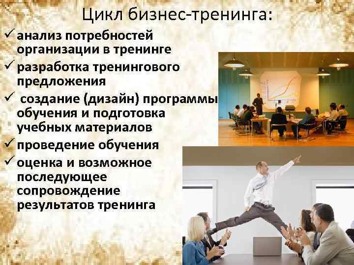 Цикл бизнес-тренинга: ü анализ потребностей организации в тренинге ü разработка тренингового предложения ü создание