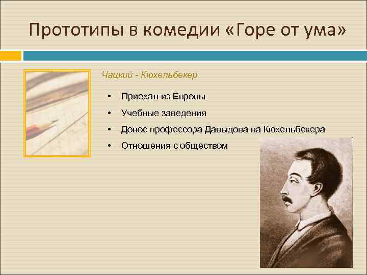 Чацкий в комедии горе от ума план. Кюхельбекер прототип Чацкого. Прототипы горе от ума Чаадаев. Прототипы Чацкого горе от ума. Прототип Молчалина в комедии горе от ума.