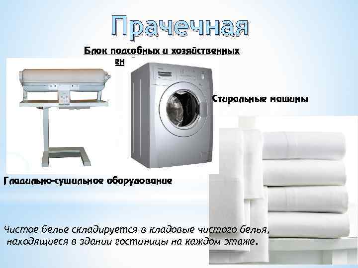Прачечная Блок подсобных и хозяйственных помещений Стиральные машины Гладильно-сушильное оборудование Чистое белье складируется в
