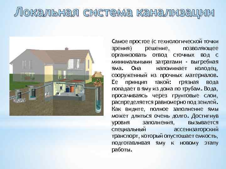 Локальная система канализации Самое простое (с технологической точки зрения) решение, позволяющее организовать отвод сточных
