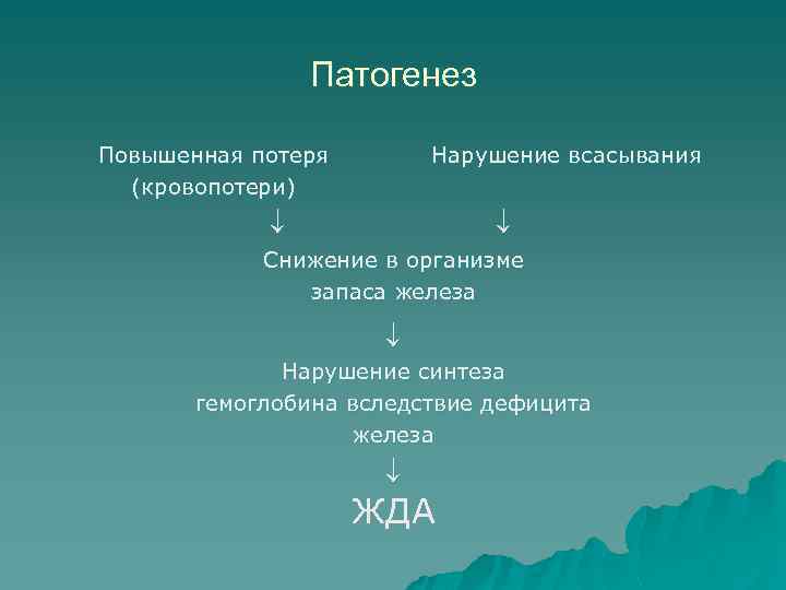Патогенез Повышенная потеря (кровопотери) Нарушение всасывания Снижение в организме запаса железа Нарушение синтеза гемоглобина