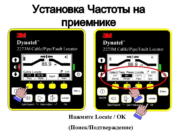 Установка Частоты на приемнике Нажмите Locate / OK (Поиск/Подтверждение) 