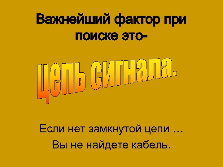 Важнейший фактор при поиске это- Если нет замкнутой цепи … Вы не найдете кабель.
