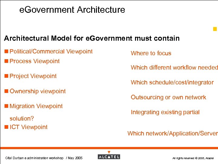 e. Government Architecture 25 Architectural Model for e. Government must contain n Political/Commercial Viewpoint