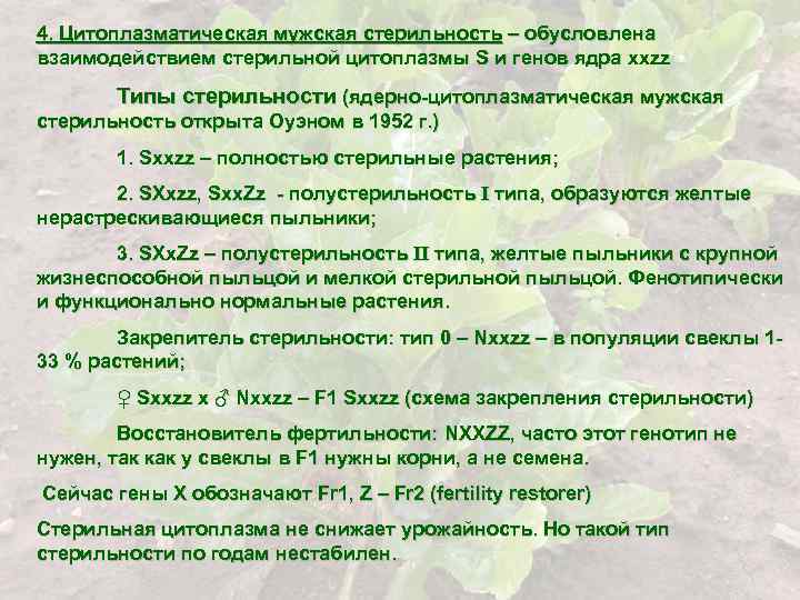 4. Цитоплазматическая мужская стерильность – обусловлена взаимодействием стерильной цитоплазмы S и генов ядра xxzz