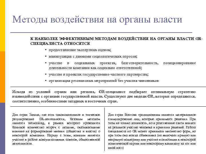 Методы воздействия на органы власти К НАИБОЛЕЕ ЭФФЕКТИВНЫМ МЕТОДАМ ВОЗДЕЙСТВИЯ НА ОРГАНЫ ВЛАСТИ GRСПЕЦИАЛИСТА