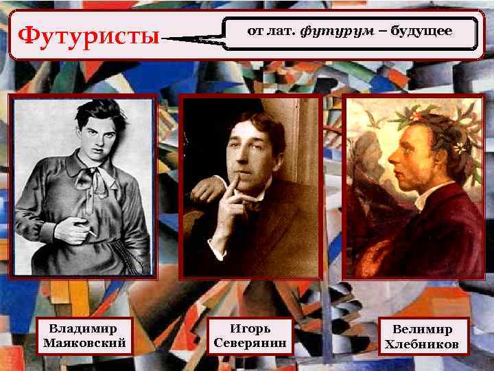 Футуристы Владимир Маяковский от лат. футурум – будущее Игорь Северянин Велимир Хлебников 