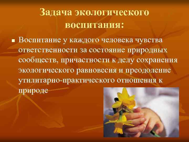 Задача экологического воспитания: n Воспитание у каждого человека чувства ответственности за состояние природных сообществ,