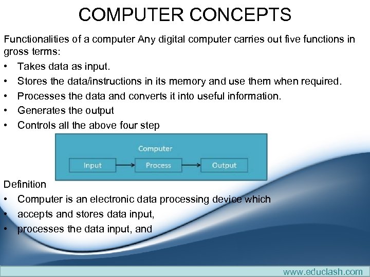 COMPUTER CONCEPTS Functionalities of a computer Any digital computer carries out five functions in