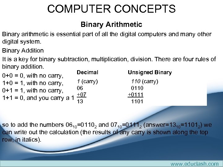 COMPUTER CONCEPTS Binary Arithmetic Binary arithmetic is essential part of all the digital computers