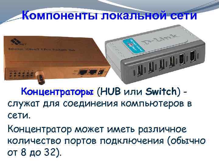 Компоненты локальной сети Концентраторы (HUB или Switch) служат для соединения компьютеров в сети. Концентратор